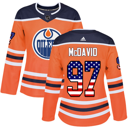 Adidas Oilers #97 Connor McDavid Orange Home Authentic USA Flag Women's Stitched NHL Jersey